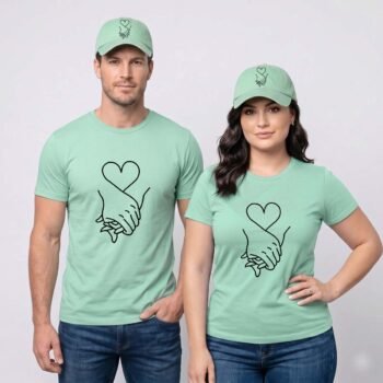 Holding Hands Heart Matching Couple T-Shirt and Cap Combo Set