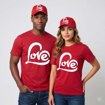 Love Caligraphic Matching Couple T-Shirt and Cap Combo Set